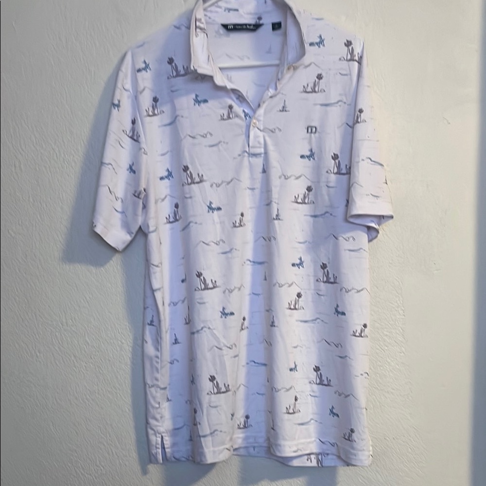Men's White and Blue Patterned Shirt